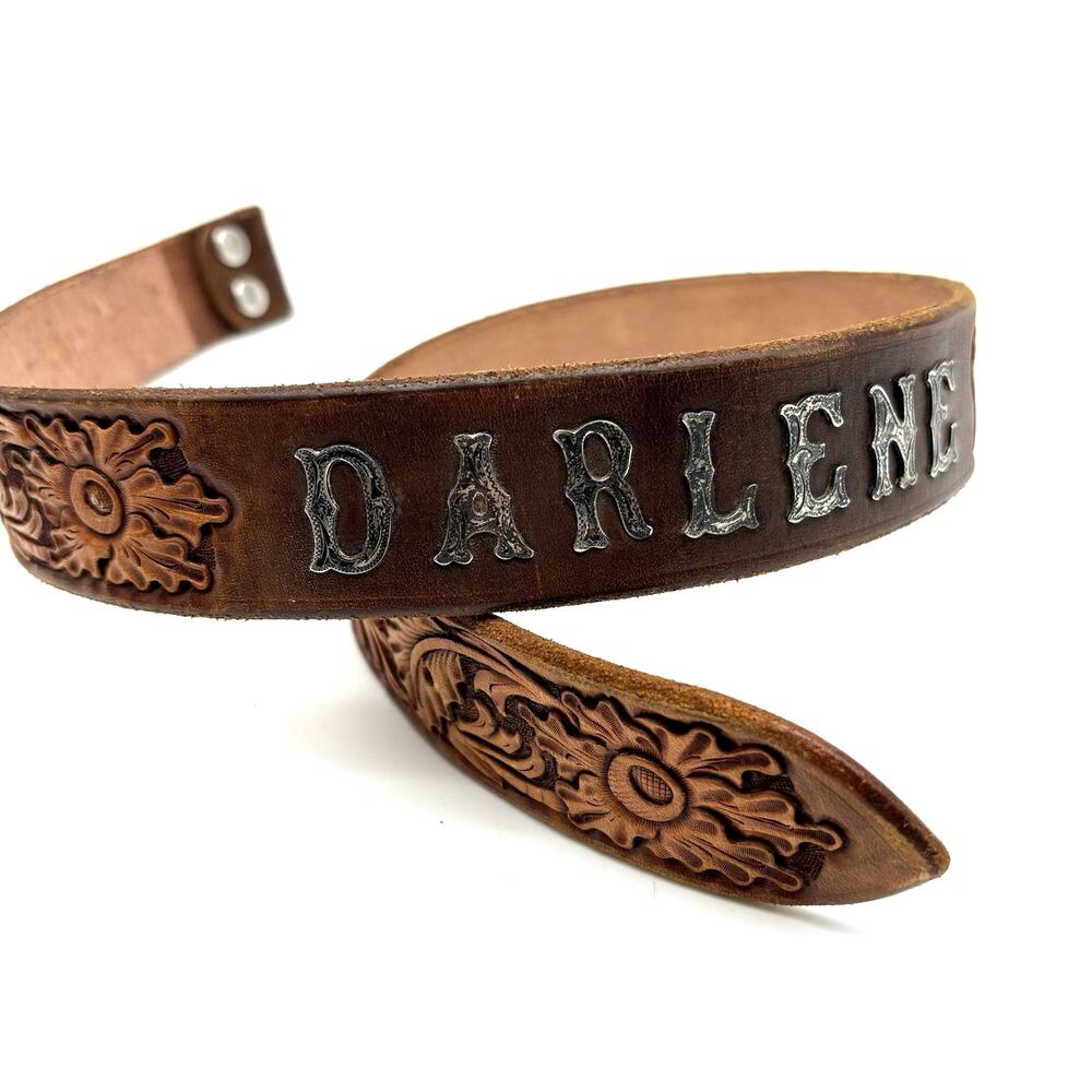 Vintage 80s Handmade DARLENE Metal on Brown Floral Tooled Western Belt 25-28.5"